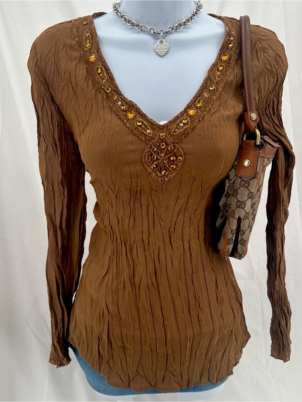 Boho Beaded Fairy 2000s Crinkle Worthington Long Sleeve Top